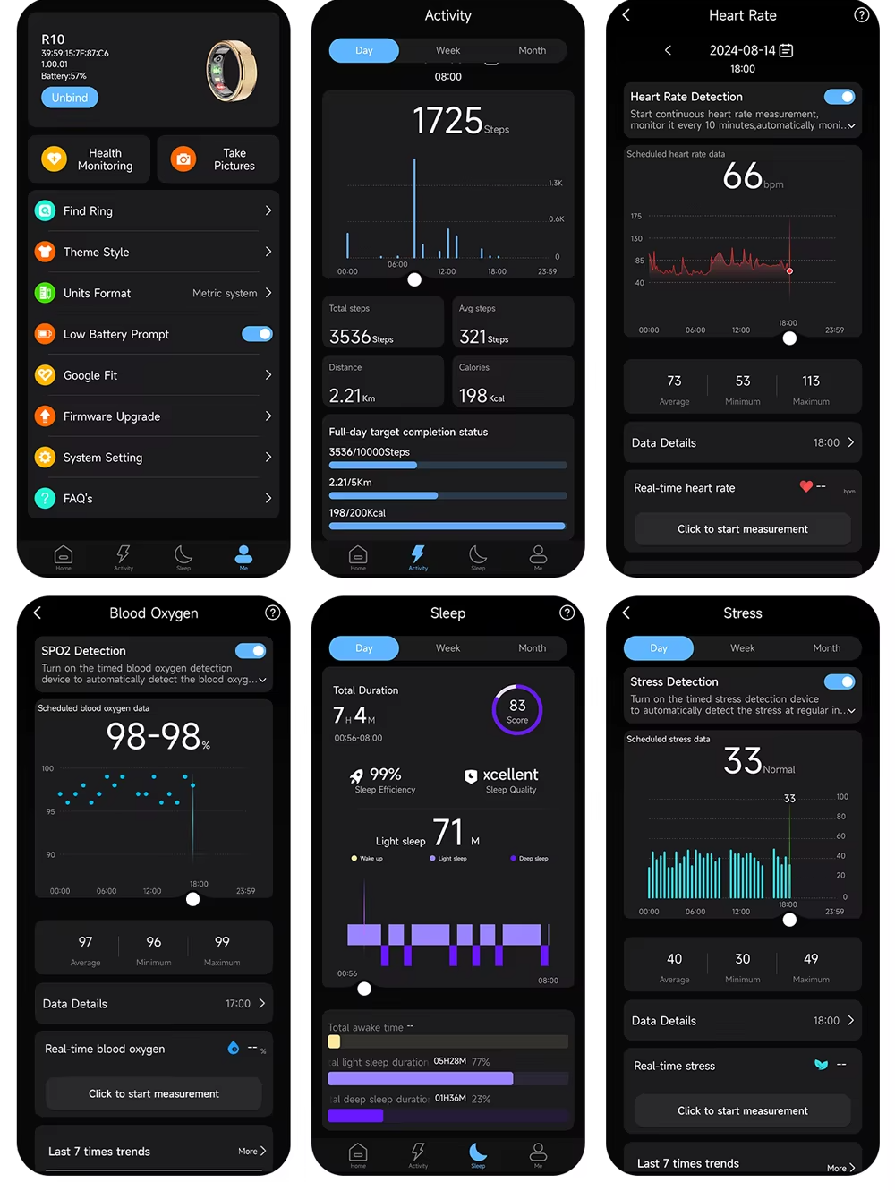 Pantallas de la app SOMNIX: actividad, ritmo cardíaco, oxígeno en sangre, sueño y estrés